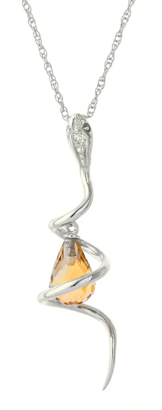 14K Solid White Gold Snake Necklace w/ Dangling Briolette Citrine & Diamond