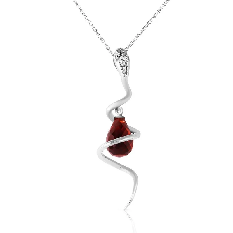 14K Solid White Gold Snake Necklace w/ Dangling Briolette Garnet & Diamond