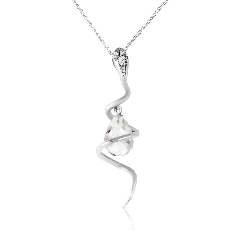 14K Solid White Gold Snake Necklace w/ Dangling Briolette White Topaz & Diamond