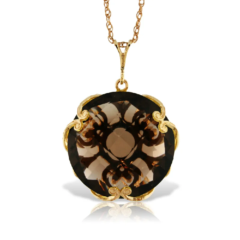 14K Solid Yellow Gold Checkerboard Round Smoky Quartz Necklace