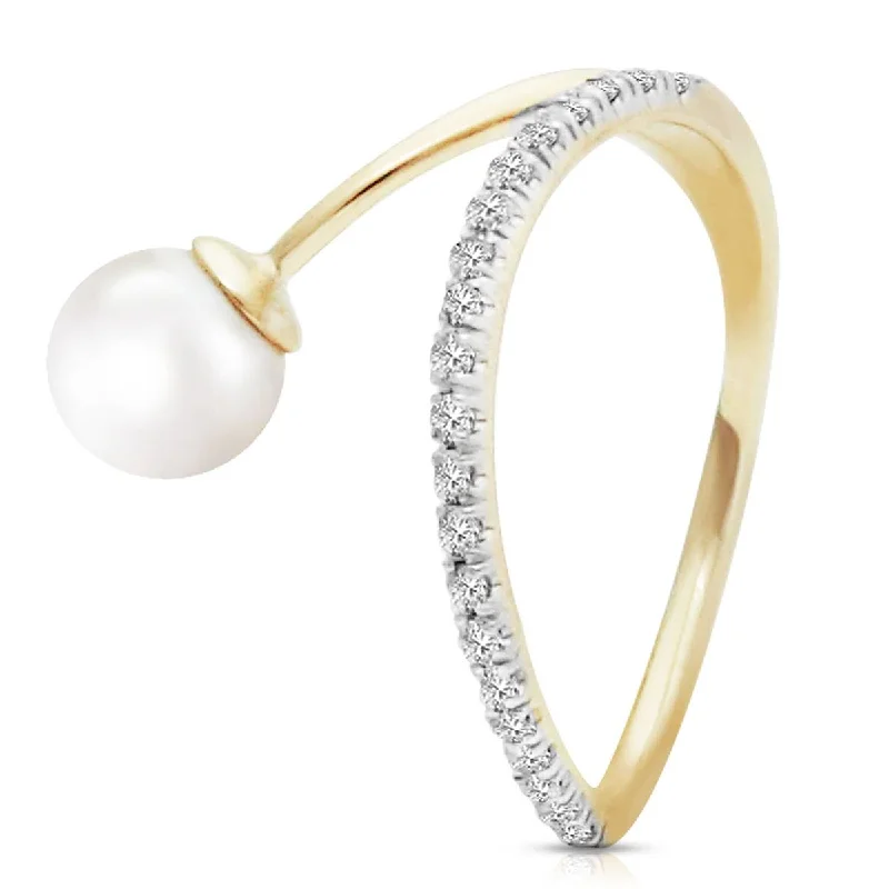 14K Solid Yellow Gold Natural Diamond & Pearl Ring