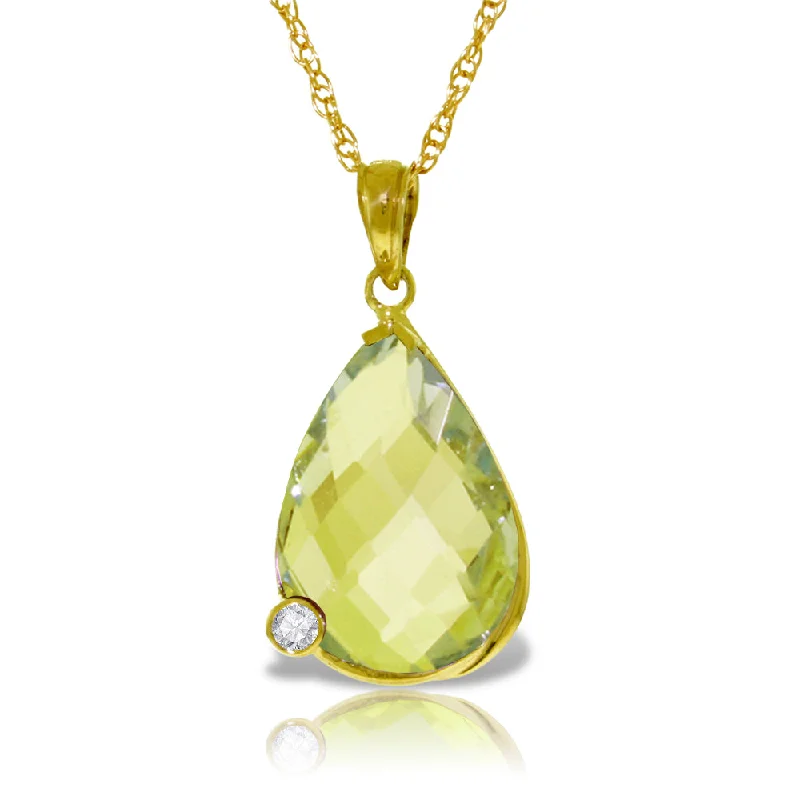 14K Solid Yellow Gold Necklace w/ Briolette Checkerboard Cut Lemon Quartz & Diamond