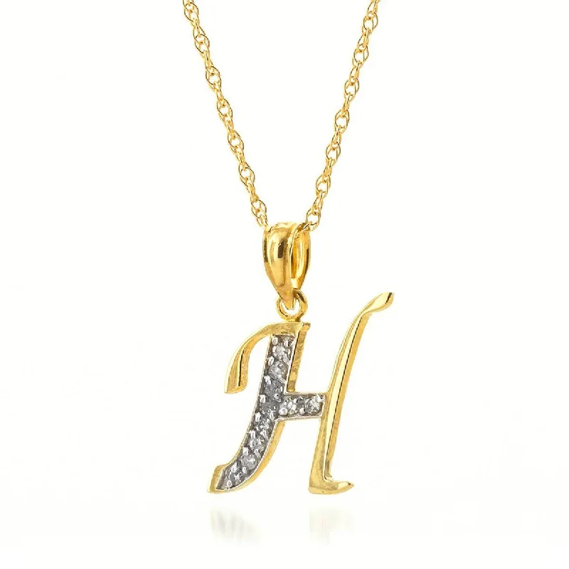 14K Solid Yellow Gold Necklace w/ Natural Diamonds Initial 'h' Pendant