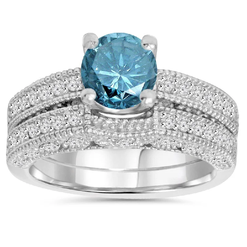 14K White Gold 1 1/2ct TDW Vintage Blue and White Diamond Vintage Engagement Wedding Ring Set