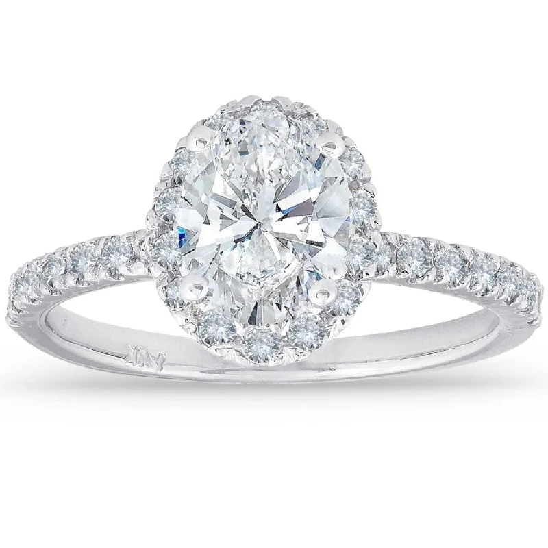 14k White Gold 1 1/3ct TDW Oval Enhanced Diamond Halo Engagement Ring