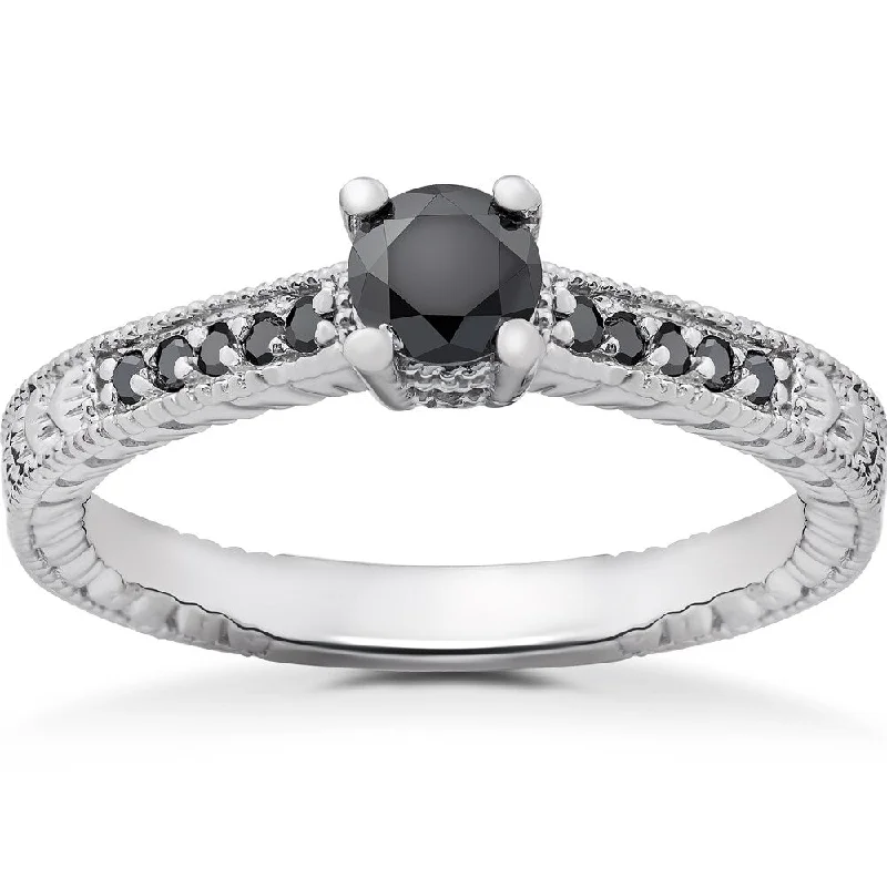 14k White Gold 1/2ct TDW Black Diamond Vintage Engagement Ring