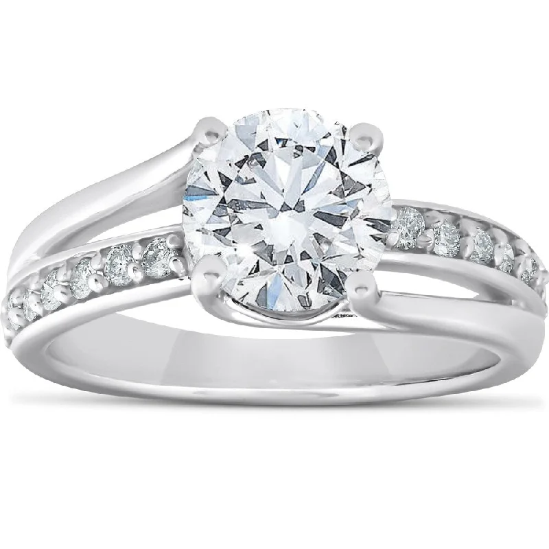 14k White Gold 2 1/4 Ct TDW Round Diamond Engagement Ring with Side Stones Clarity Enhanced