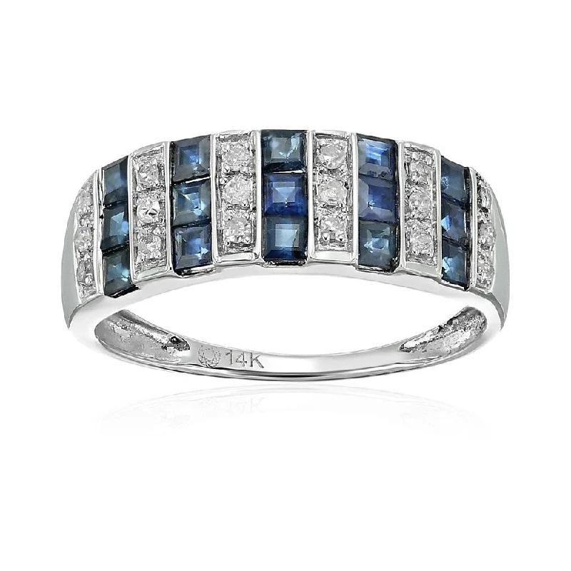 14k White Gold Blue Sapphire and Diamond Wedding Band Size 7