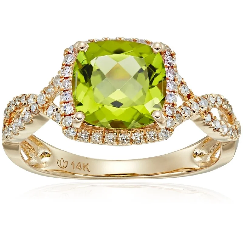 14k Yellow Gold Peridot, Diamond Cushion Engagement Ring, Size 7