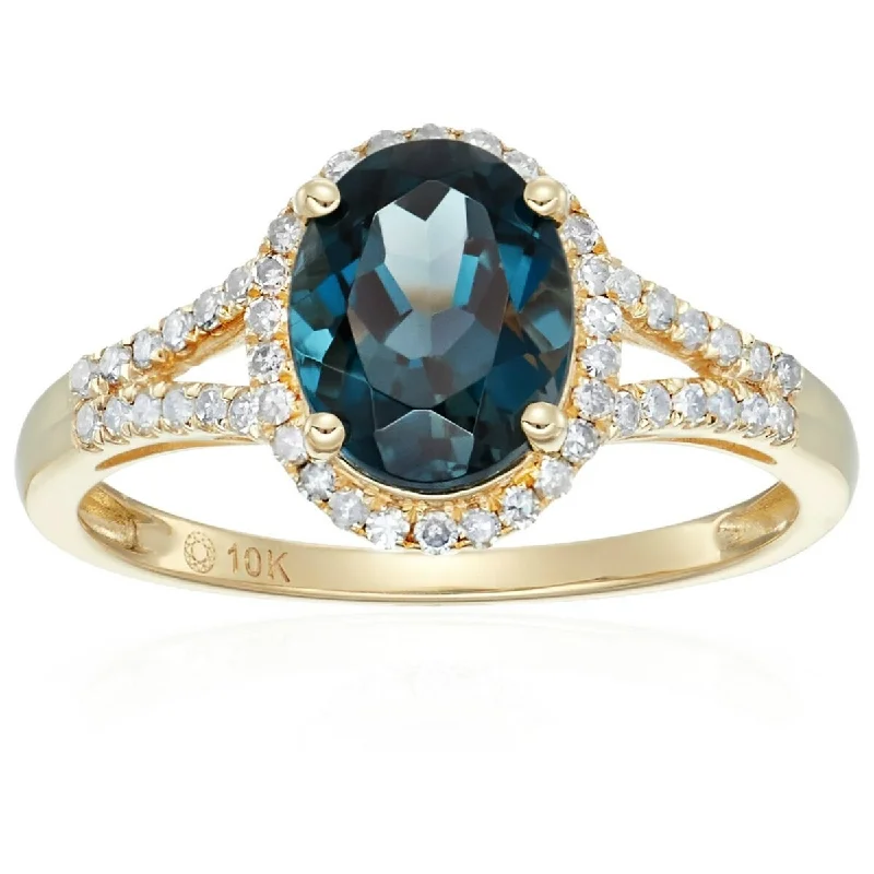 14lk Yellow Gold London Blue Topaz Gemstone Oval Halo Engagement Ring