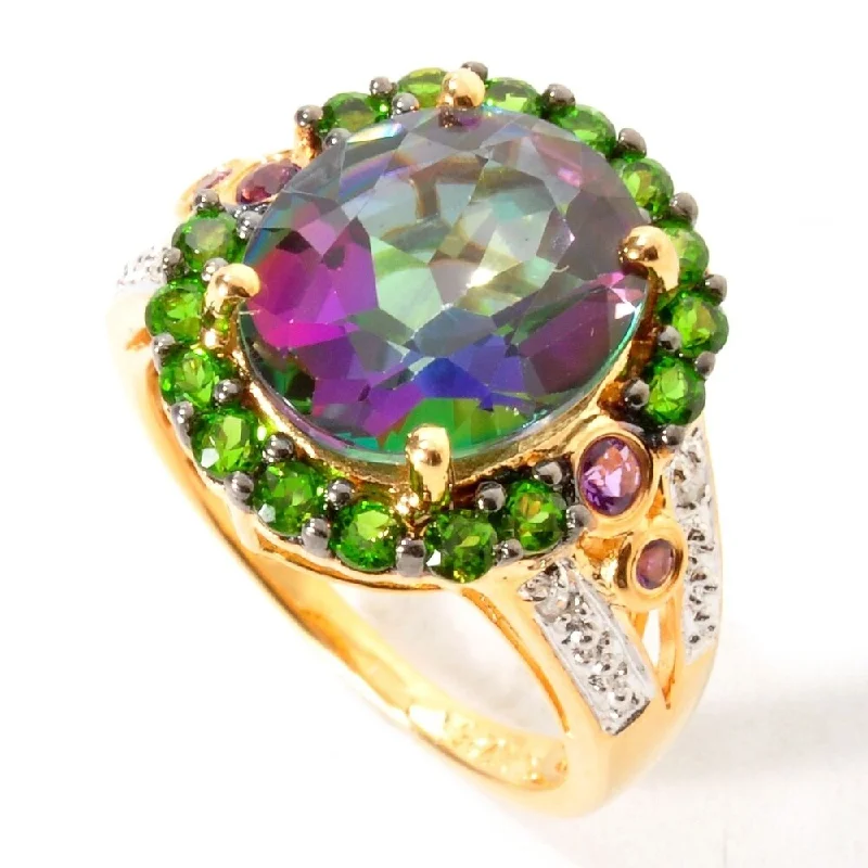 18K Yellow vermeil 6.49ctw Mystic Topaz, Diamond Ring Size 6 & 8 - Green