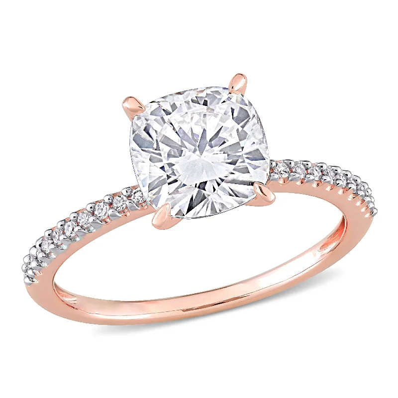 2ct TGW Moissanite and 1/10ct TDW Diamond Engagement Ring in 14k Rose Gold by Miadora