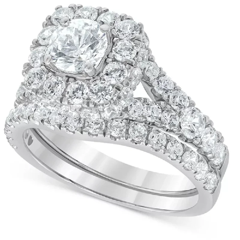 3 1/2Ct Cushion Halo Split Ring Diamond Engagement Set in White Yellow Rose Gold