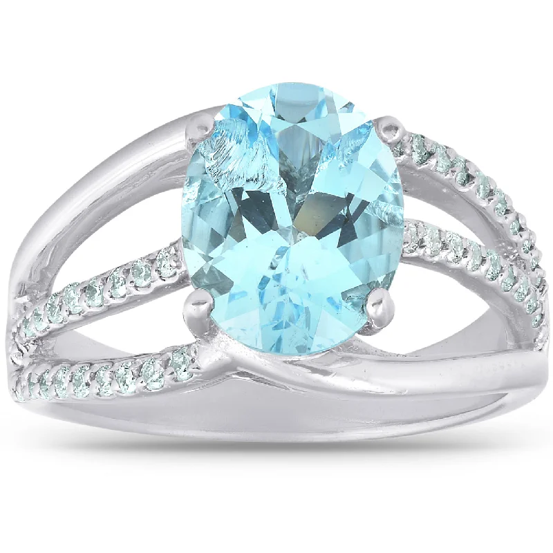 3 3/4 Ct TW Large Oval Blue Topaz & Diamond Ring 10k White Gold