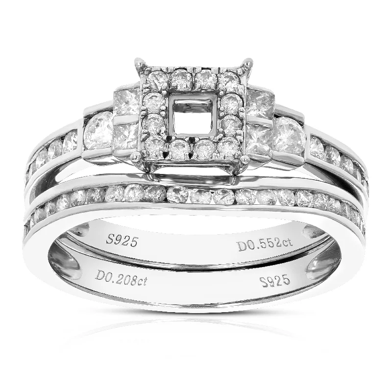 3/4 cttw Diamond Semi Mount Bridal Set with Princess Center Silver