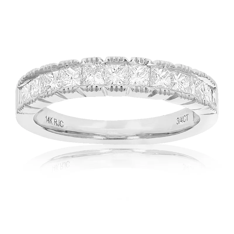 3/4 cttw Princess Cut Diamond Wedding Band with Milgrain 14K White Gold Channel