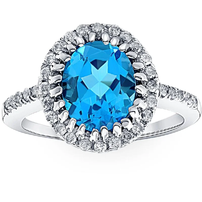 4 3/4 Ct Oval Blue Topaz Diamomnd Halo Ring 14k White Gold