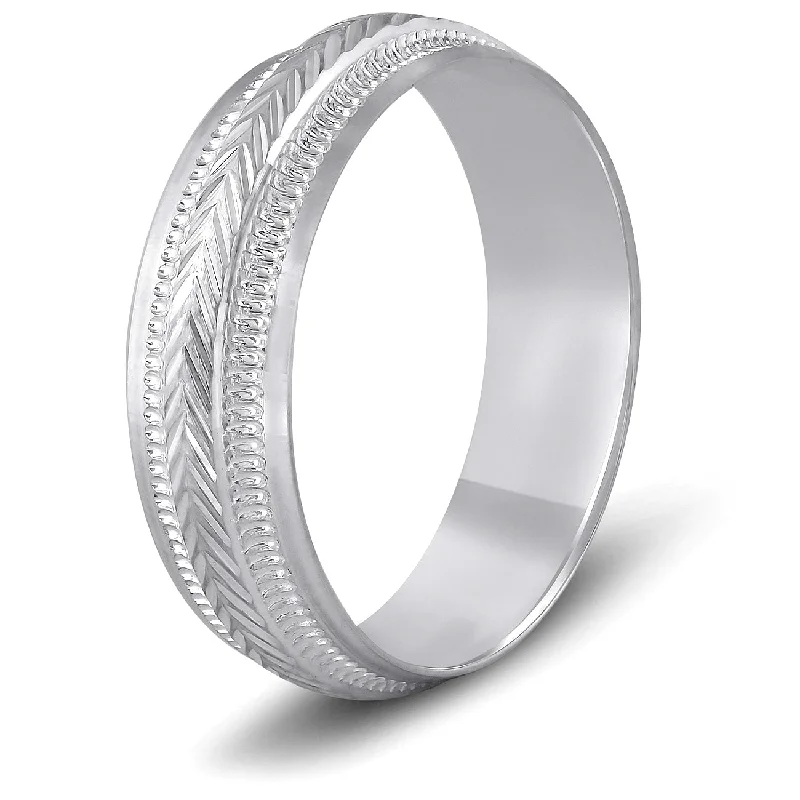 6mm Mens White Gold Brushed Hand Carved Pattern Wedding Band