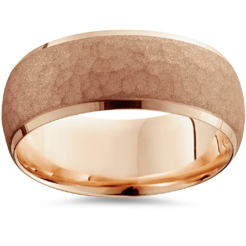 7mm 14K Rose Gold Hammered Wedding Band Beveled Edge Mens