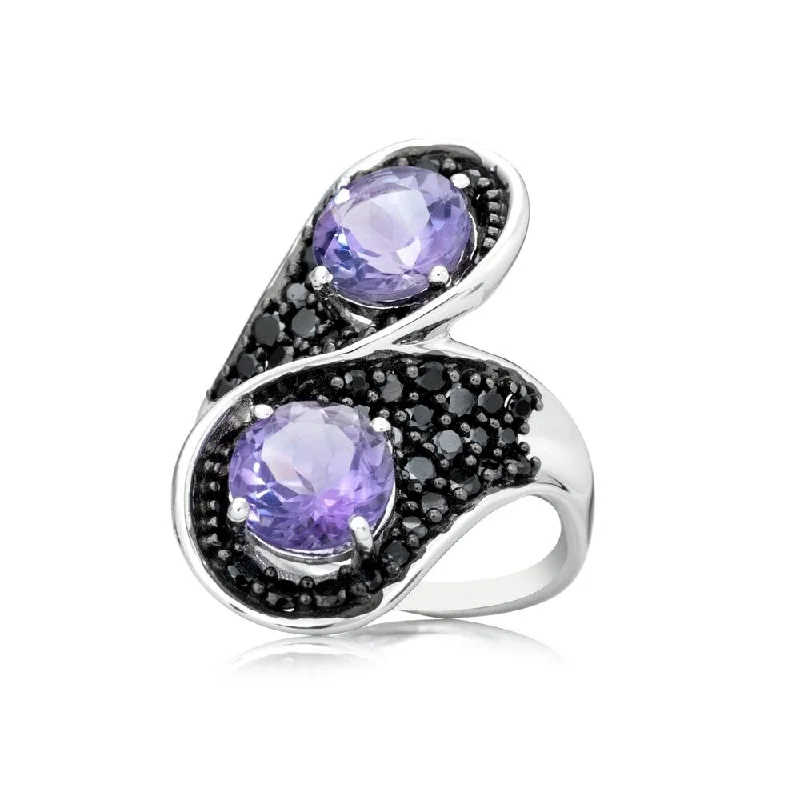 925 Sterling Silver African Amethyst and Black Spinel Ring