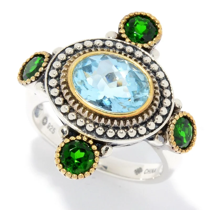 925 Sterling Silver Chrome Diopside and Sky Blue Topaz Ring