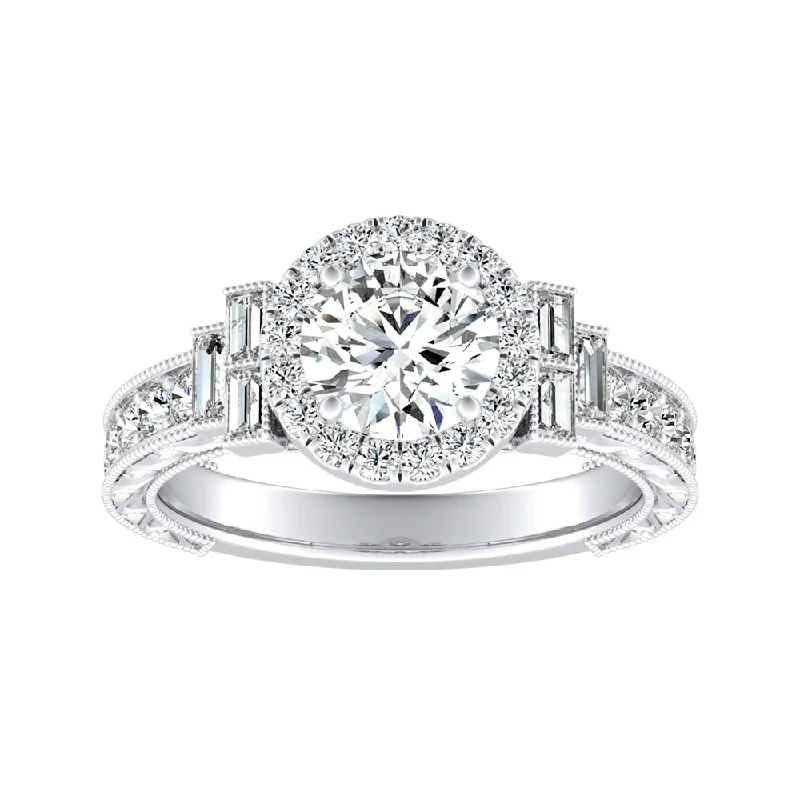 Auriya 14K Deco Vintage 3/4ct Moissanite Engagement Ring with 9/10ctw Halo Diamond