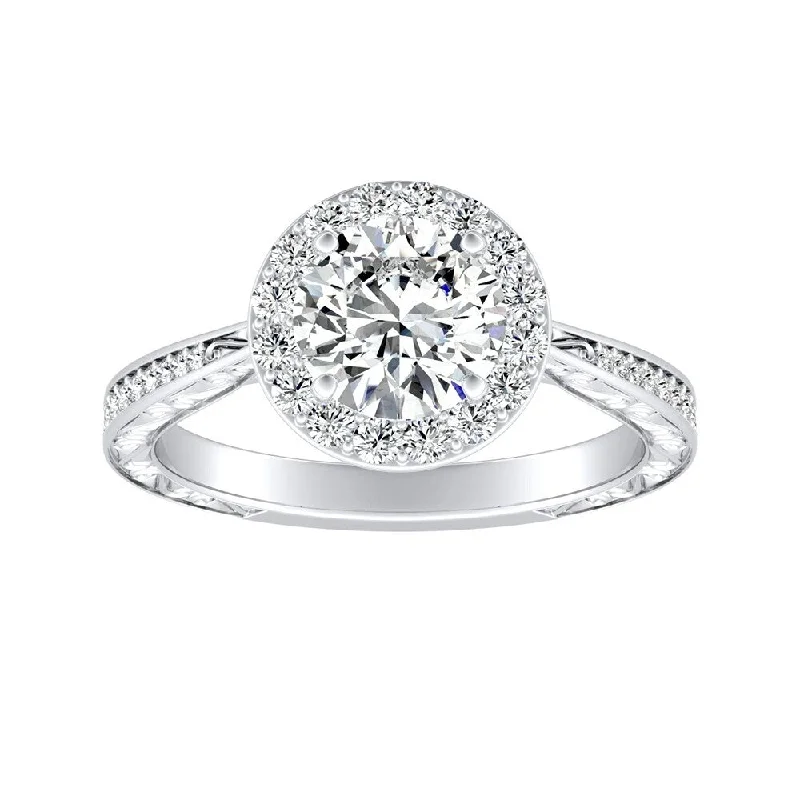 Auriya 14k Gold Vintage 3ct Round Moissanite and 3/8ctw Halo Diamond Engagement Ring 14K