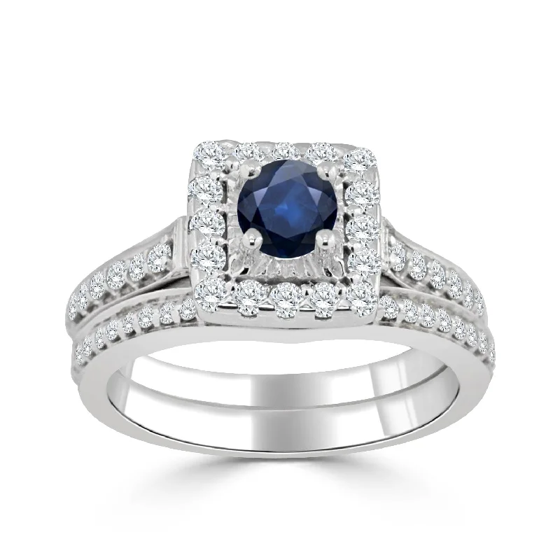 Auriya 2/5ct Round Blue Sapphire and Halo Diamond Engagement Ring Set 14k Gold