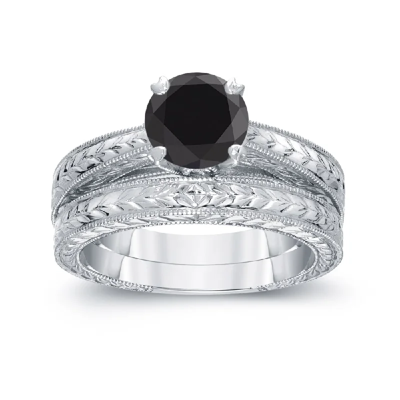 Auriya Modern 1cttw Round Black Diamond Engagement Ring Set 14k White Gold