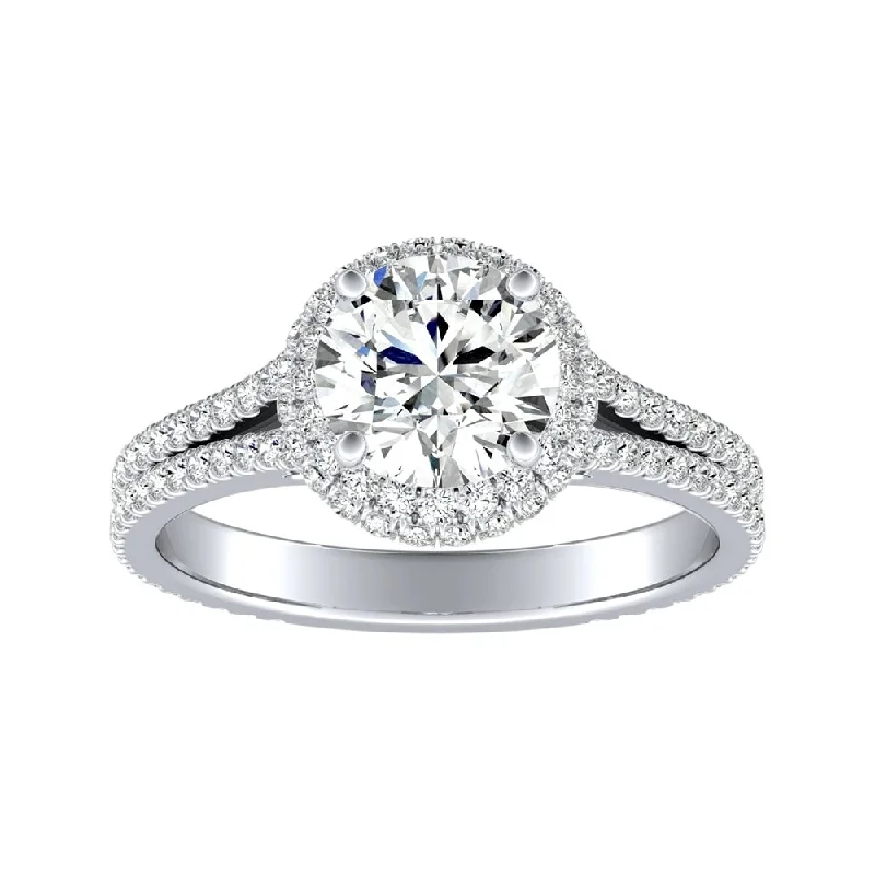 Auriya Round Double Edged 1/2ct Moissanite and 1/2ct TDW Halo Diamond Engagement Ring 14k Gold