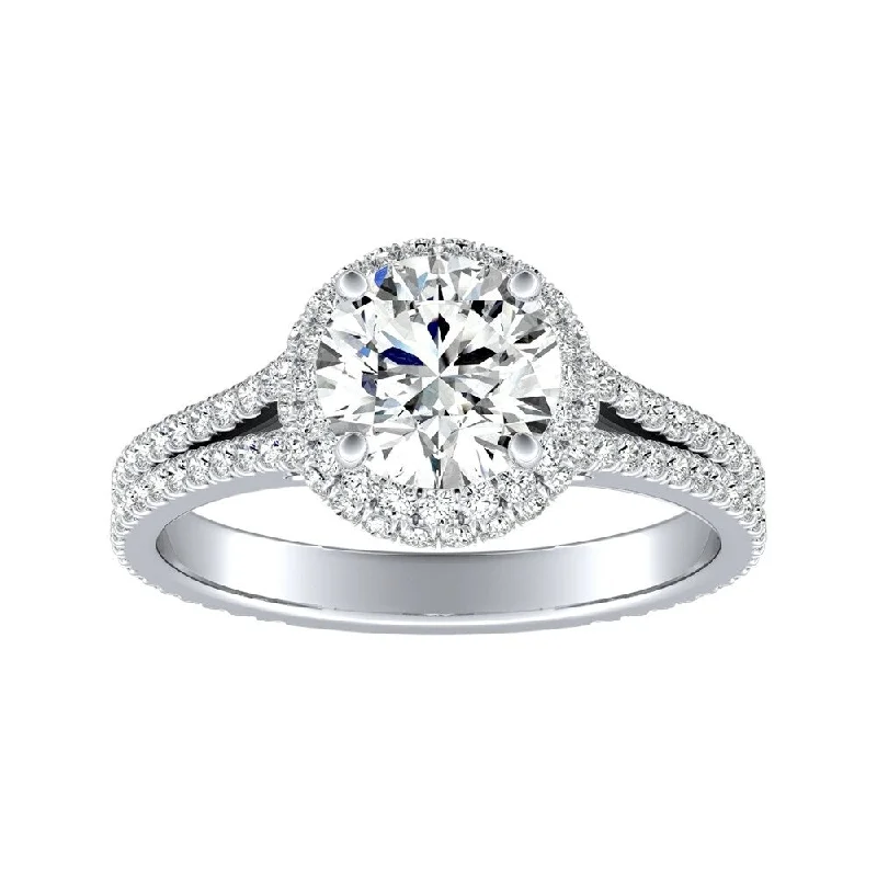 Auriya Round Double Edged 3/4ct Moissanite and 1/2ct TDW Halo Diamond Engagement Ring 14k Gold