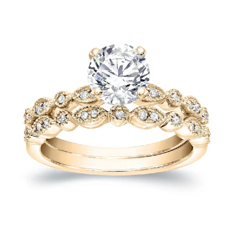 Auriya Stackable Vintage 2 1/2ct Round Moissanite Engagement Ring Set with Diamond Accents 14K Gold