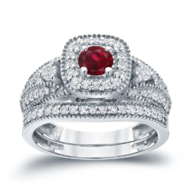 Auriya Vintage Inspired 1/5ct Red Ruby and 1/2ctw Halo Diamond Engagement Ring Set 14kt Gold