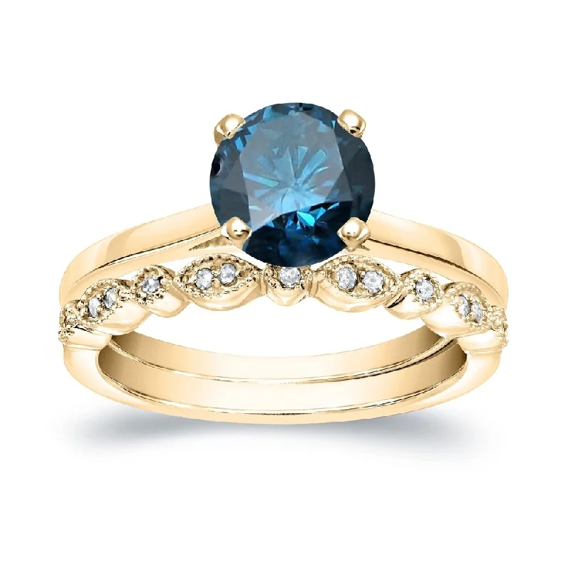 Auriya Vintage Stackable 1 1/6ctw Solitaire Blue Diamond Engagement Ring Set 14K Gold