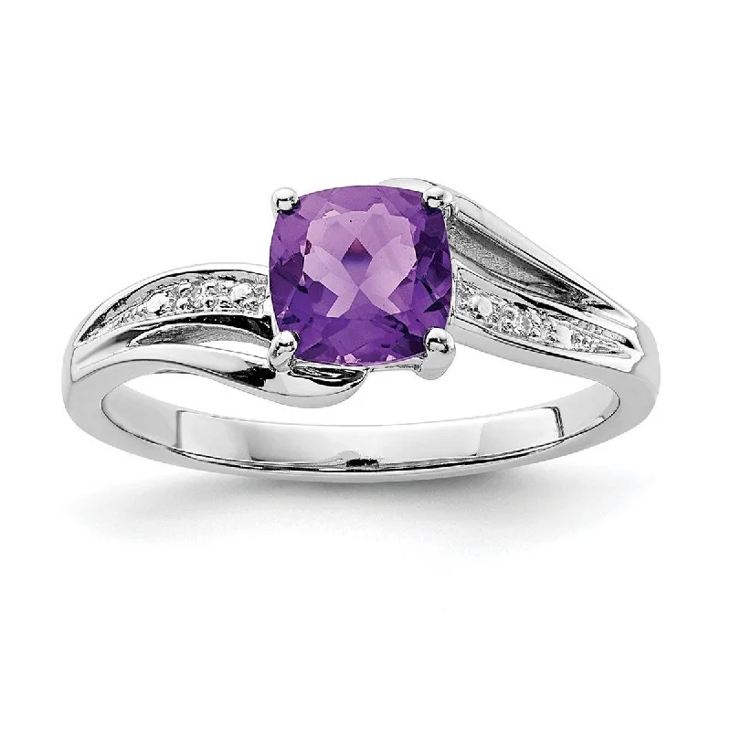 Curata 925 Sterling Silver Polished Prong set Open back Rhodium Plated Diamond and Amethyst Square Ring