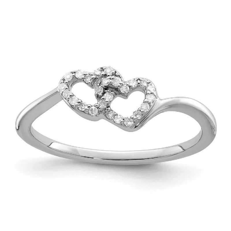 Curata 925 Sterling Silver Polished Rhodium Plated Diamond Double Love Heart Promise Ring