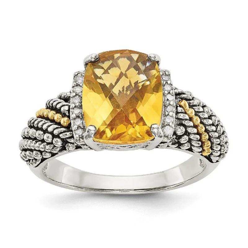 Curata 925 Sterling Silver Polished With 14k Diamond and Citrine Ring