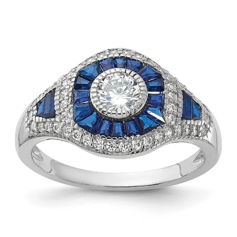 Curata 925 Sterling Silver Rhodium Plated Created Blue Spinel and CZ Cubic Zirconia Vintage Ring