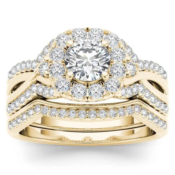 De Couer 14k Yellow Gold 1 1/4ct TDW Diamond Halo Engagement Ring Set with One Band