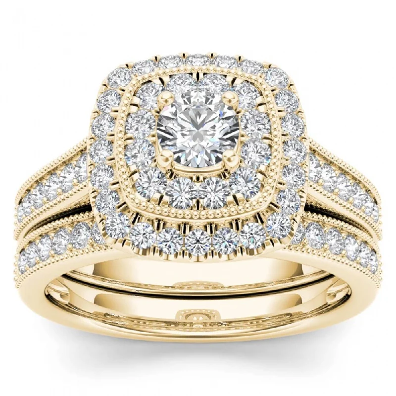 De Couer 14k Yellow Gold 3/4ct TDW Diamond Double Halo Bridal Ring Set