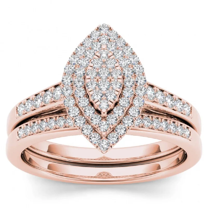 De Couer IGI Certified 14k Rose Gold 1/3ct TDW Diamond Marquise Shape Halo Engagement Ring Set