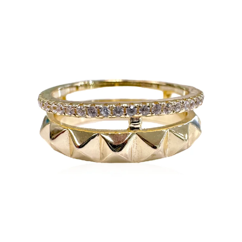 Gold Plated Double Ring With Bumpy Band and Pave CZ Row