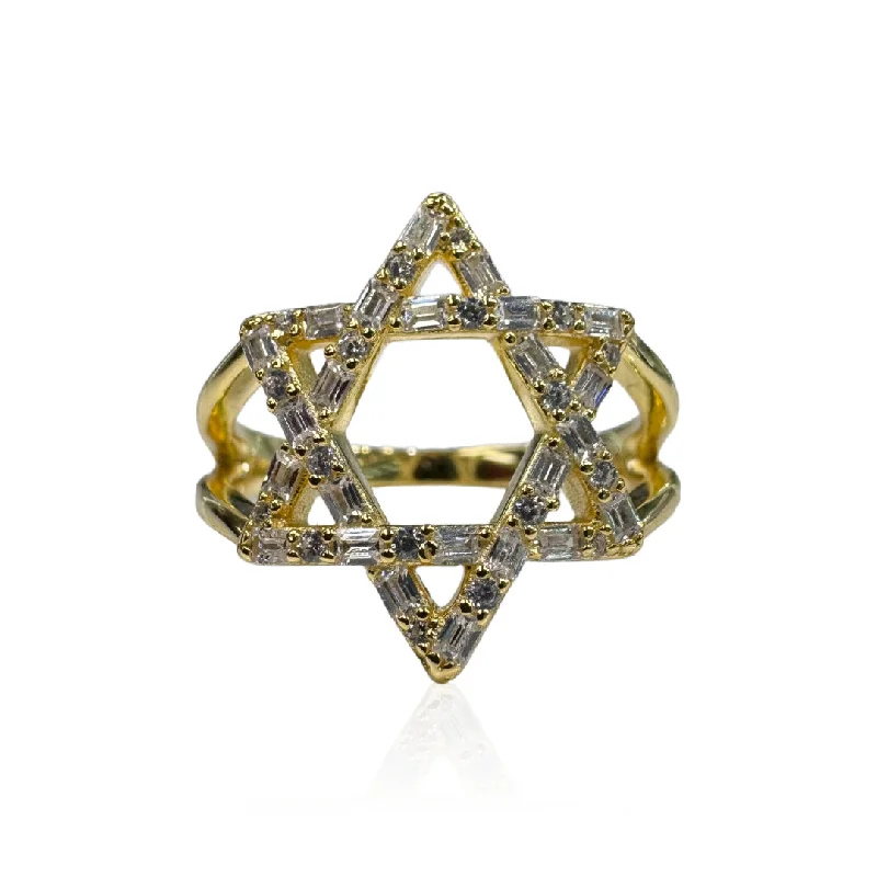 Gold Plated Jewish Star Ring With Baguette CZ Stones