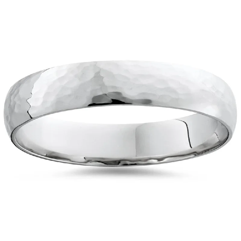 Hammered Wedding Band White Gold Mens 5mm High Polished Ring