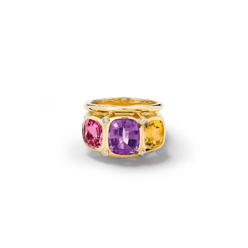 Ozymandias Ring 18ct Yellow Gold - Amethyst, Mandarin Garnet, Pink Tourmaline & Diamond Ring