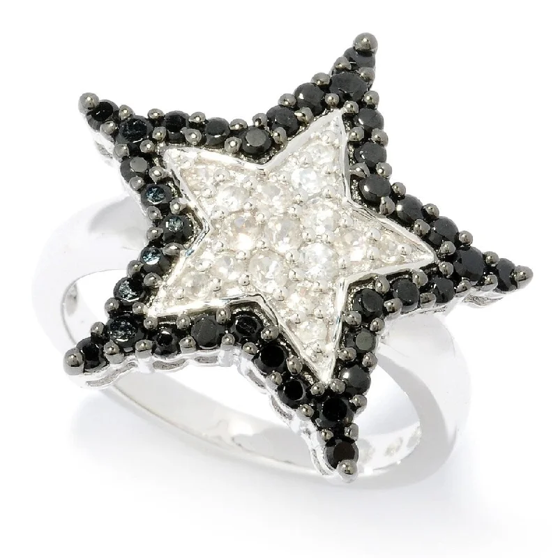 Platinum O/ Silver 1.12Ctw White Natural Zircon & Black Spinel Star Ring Size - 6