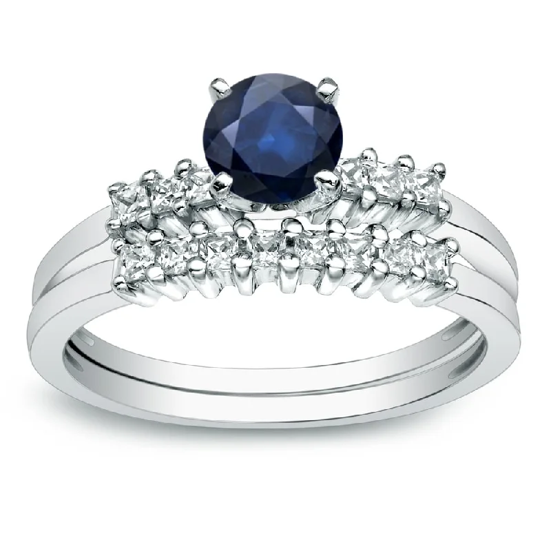 Platinum Round 1/2ct Blue Sapphire and 1/2ct TDW Diamond Engagement Ring Set by Auriya