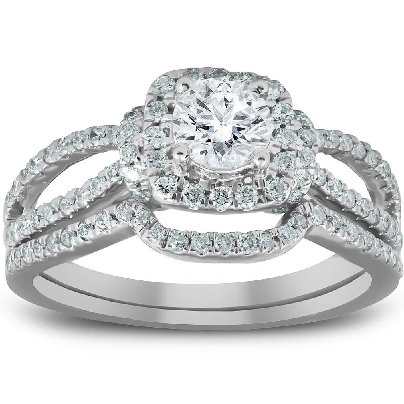 Pompeii3 10k White Gold 1 1/4 Ct TDW Cushion Halo Round Diamond Engagement Ring Matching Wedding Band Set