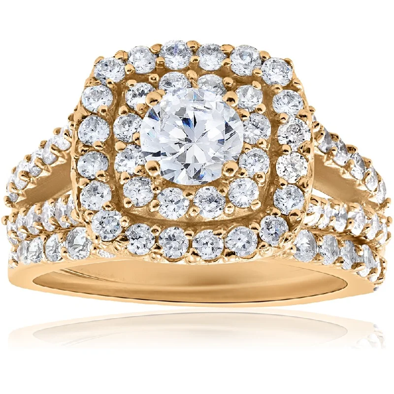 Pompeii3 10k Yellow Gold 2 ct TDW Cushion Doubl Halo Diamond Engagement Wedding Ring Set (I-J,I2-I3) - White