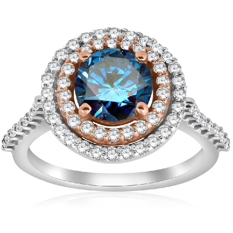 Pompeii3 14K Rose & White Gold 2 ct TDW Blue Diamond Double Halo Engagement Ring Lab Grown Clarity Enhanced - White G-H